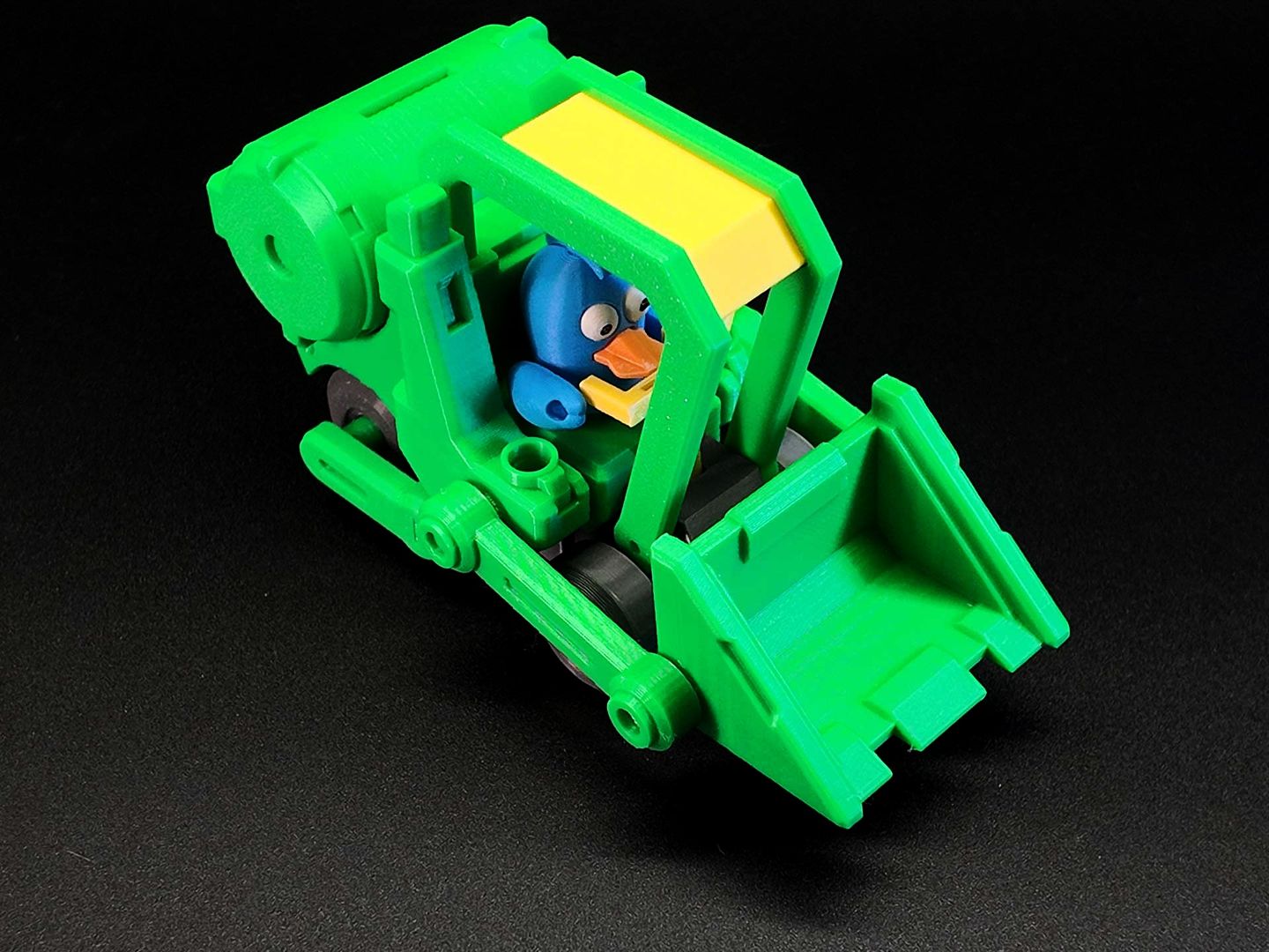 Green utility vehicle with companion character